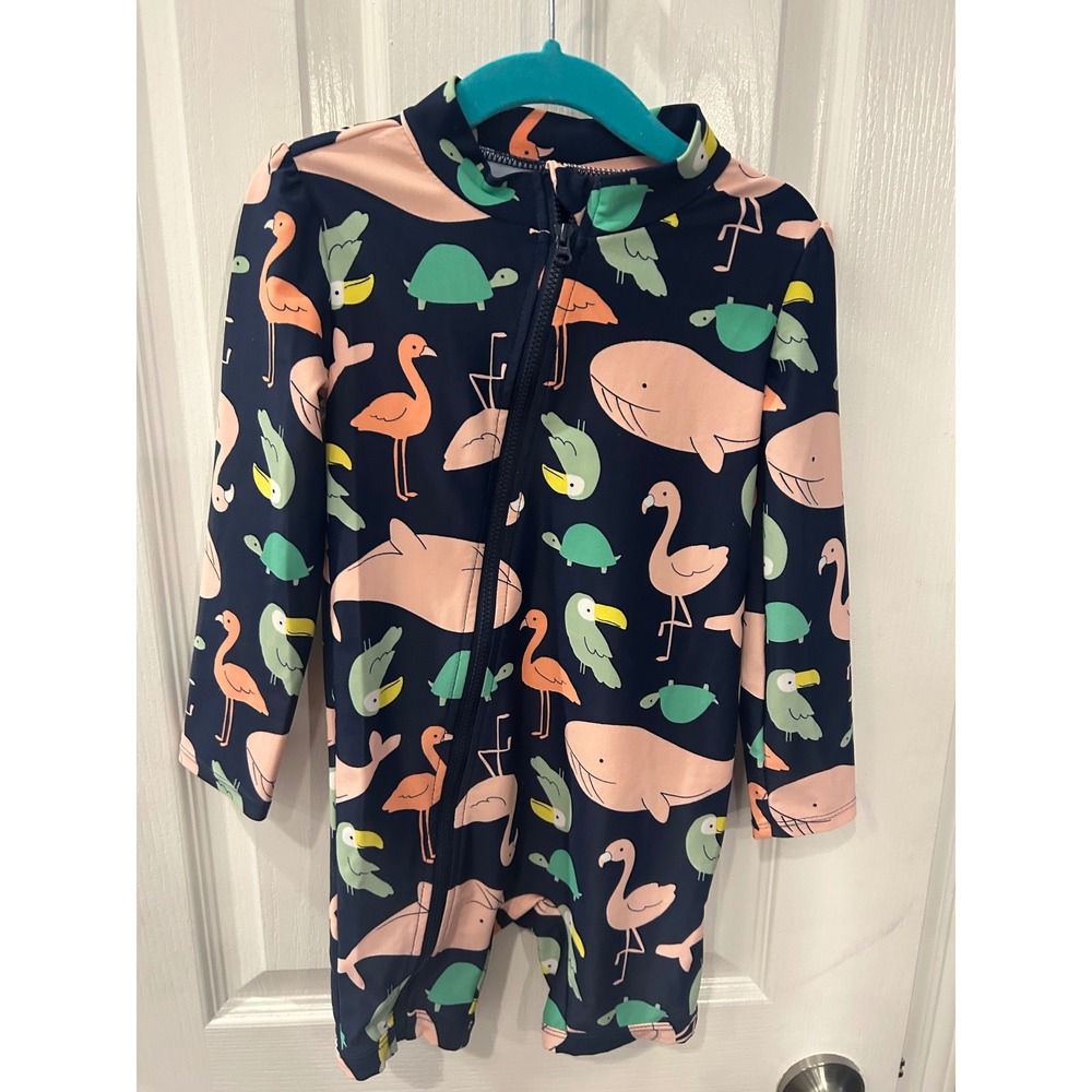 Simple Joys by Carter's Swimsuit Navy Animal Print Rash Guard One Piece 3T bin A